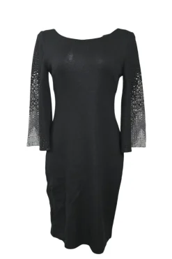 Black crystal-embellished rayon-blend jacquard knit bateau neck peek-a-boo bell sleeve sheath dress