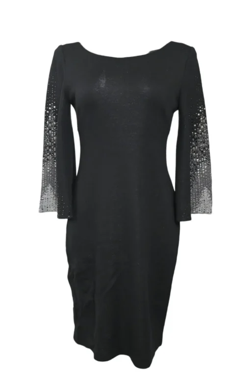 Black crystal-embellished rayon-blend jacquard knit bateau neck peek-a-boo bell sleeve sheath dress