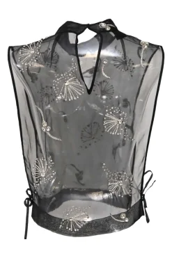 Black crystal-embellished silk organza high-neck bib style sleeveless top with ribbon ties