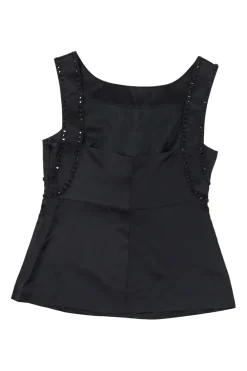 Black crystal-embellished silk satin bateau neck sleeveless peplum top