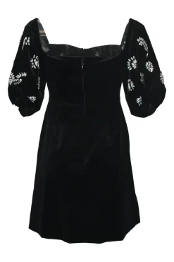 Black crystal-embellished cotton-blend velvet puff sleeve A-line babydoll mini dress