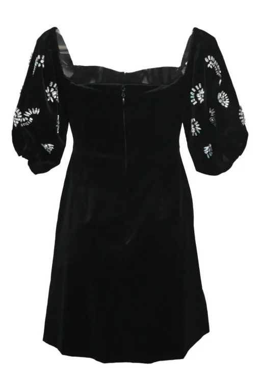 Black crystal-embellished cotton-blend velvet puff sleeve A-line babydoll mini dress