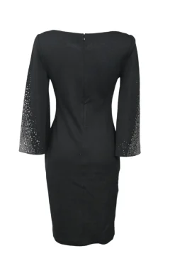 Black crystal-embellished rayon-blend jacquard knit bateau neck peek-a-boo bell sleeve sheath dress