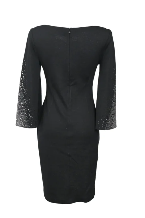 Black crystal-embellished rayon-blend jacquard knit bateau neck peek-a-boo bell sleeve sheath dress
