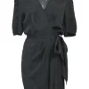 Black cupro wrap-style mini dress with short sleeves