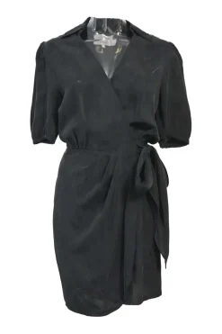 Black cupro wrap-style mini dress with short sleeves