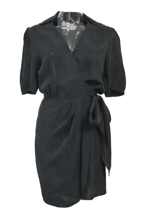 Black cupro wrap-style mini dress with short sleeves