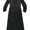 Black cupro-linen blend satin plunge neck zip-up dolman sleeve A-line midi slit dress