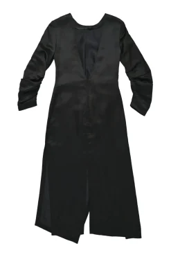 Black cupro-linen blend satin plunge neck zip-up dolman sleeve A-line midi slit dress