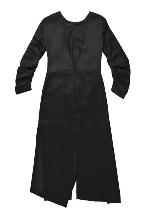 Black cupro-linen blend satin plunge neck zip-up dolman sleeve A-line midi slit dress
