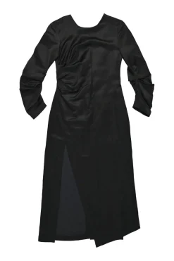 Black cupro-linen blend satin plunge neck zip-up dolman sleeve A-line midi slit dress