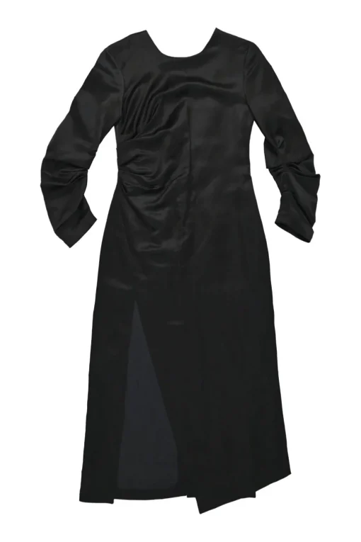 Black cupro-linen blend satin plunge neck zip-up dolman sleeve A-line midi slit dress