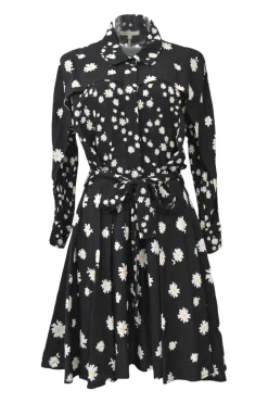 Black daisy print button-front tie-waist shirt dress