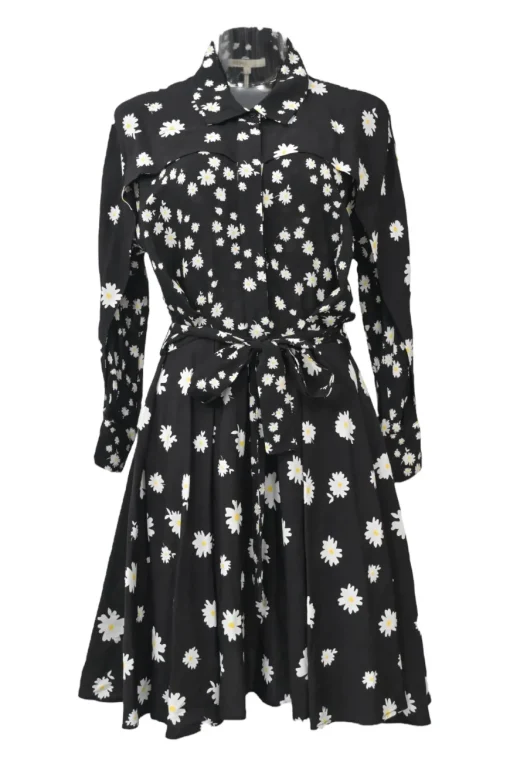 Black daisy print button-front tie-waist shirt dress
