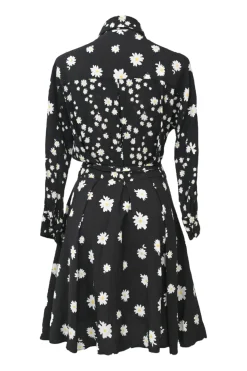 Black daisy print button-front tie-waist shirt dress