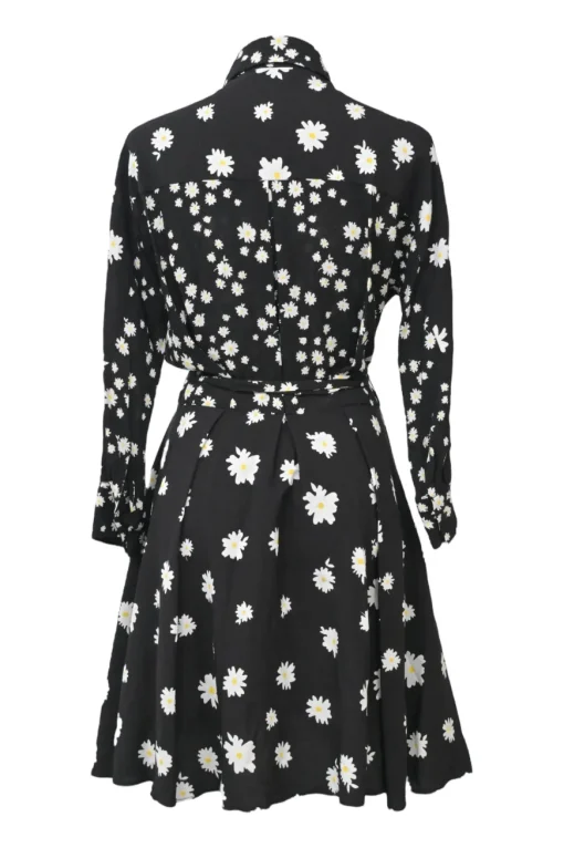 Black daisy print button-front tie-waist shirt dress
