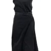 Black denim sleeveless midi wrap dress