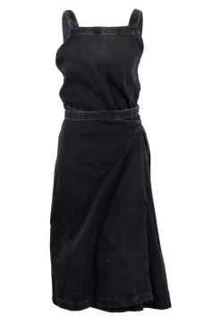 Black denim sleeveless midi wrap dress