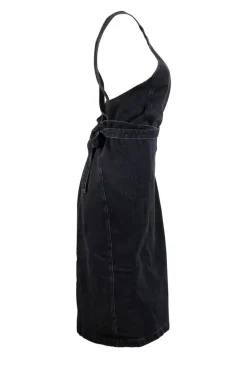 Black denim sleeveless midi wrap dress