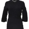 Black directional shirring cropped sleeve blouse
