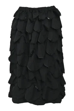Black distressed polyester pull-on tiered knee-length circle frill skirt with elasticated waistband