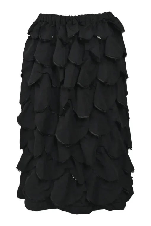 Black distressed polyester pull-on tiered knee-length circle frill skirt with elasticated waistband
