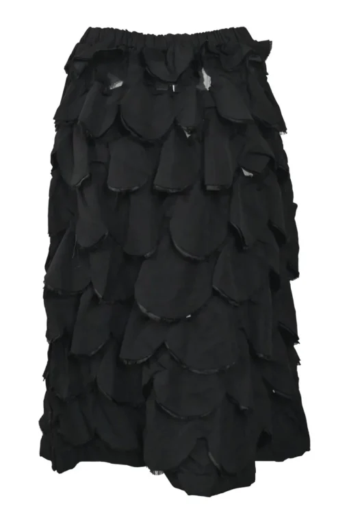 Black distressed polyester pull-on tiered knee-length circle frill skirt with elasticated waistband