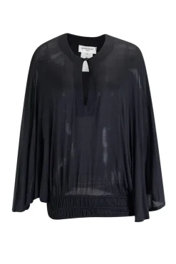 Black dolman sleeve top with ruched hem and drawstring embellished with wooden beads