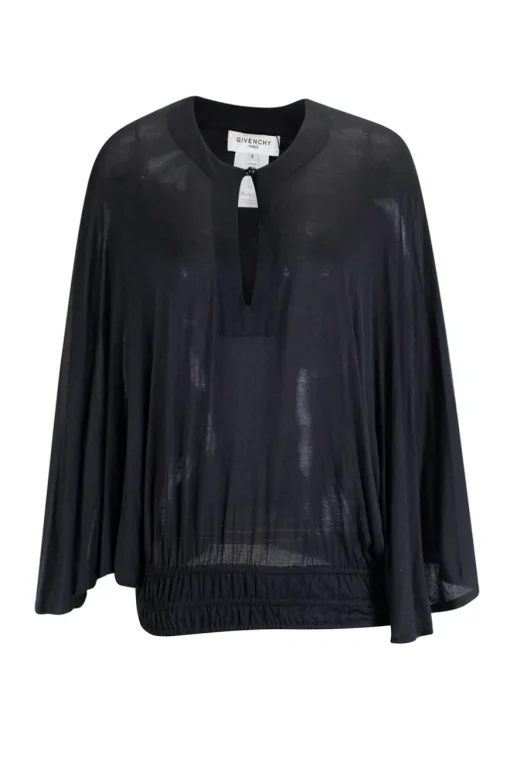 Black dolman sleeve top with ruched hem and drawstring embellished with wooden beads