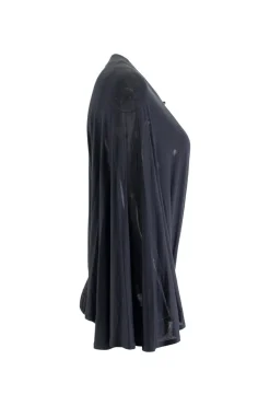 Black dolman sleeve top with ruched hem and drawstring embellished with wooden beads