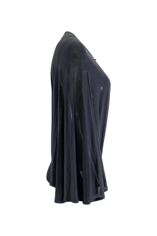 Black dolman sleeve top with ruched hem and drawstring embellished with wooden beads