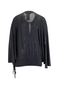 Black dolman sleeve top with ruched hem and drawstring embellished with wooden beads