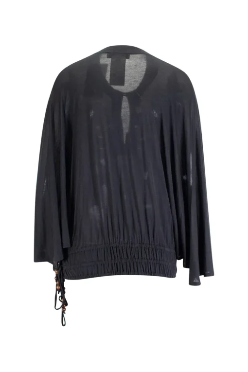 Black dolman sleeve top with ruched hem and drawstring embellished with wooden beads