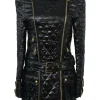 Black down-filled quilted faux leather tab collar convertible wrap-front zip-up belted moto dress