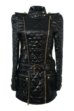 Black down-filled quilted faux leather tab collar convertible wrap-front zip-up belted moto dress