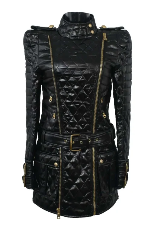 Black down-filled quilted faux leather tab collar convertible wrap-front zip-up belted moto dress