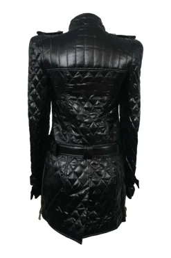 Black down-filled quilted faux leather tab collar convertible wrap-front zip-up belted moto dress