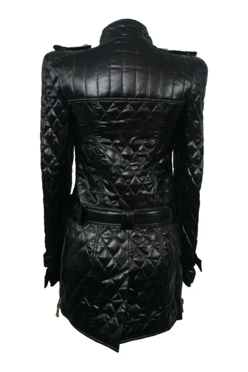 Black down-filled quilted faux leather tab collar convertible wrap-front zip-up belted moto dress