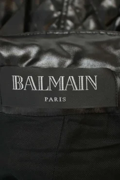 Black down-filled quilted faux leather tab collar convertible wrap-front zip-up belted moto dress