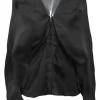 Black draped bias-cut silk batwing sleeve zip-up plunge neck blouse