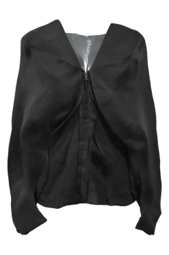 Black draped bias-cut silk batwing sleeve zip-up plunge neck blouse