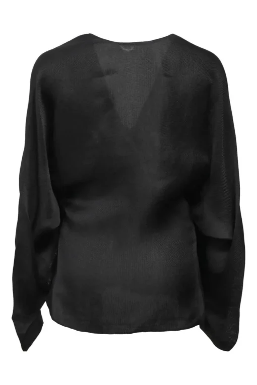 Black draped bias-cut silk batwing sleeve zip-up plunge neck blouse
