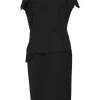 Black draped bi-layer effect wool crêpe cowl-neck flutter sleeve slit-back sheath dress