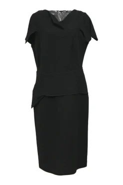 Black draped bi-layer effect wool crêpe cowl-neck flutter sleeve slit-back sheath dress