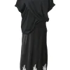 Black draped bi-layer effect cotton cap sleeve midi dress with contrasting lace-trimmed satin skirt