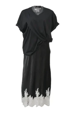 Black draped bi-layer effect cotton cap sleeve midi dress with contrasting lace-trimmed satin skirt