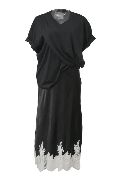 Black draped bi-layer effect cotton cap sleeve midi dress with contrasting lace-trimmed satin skirt