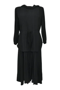 Black draped bi-layer effect acetate-blend dolman sleeve cowl back midi pintuck dress