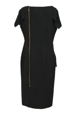 Black draped bi-layer effect wool crêpe cowl-neck flutter sleeve slit-back sheath dress