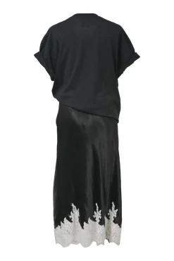 Black draped bi-layer effect cotton cap sleeve midi dress with contrasting lace-trimmed satin skirt